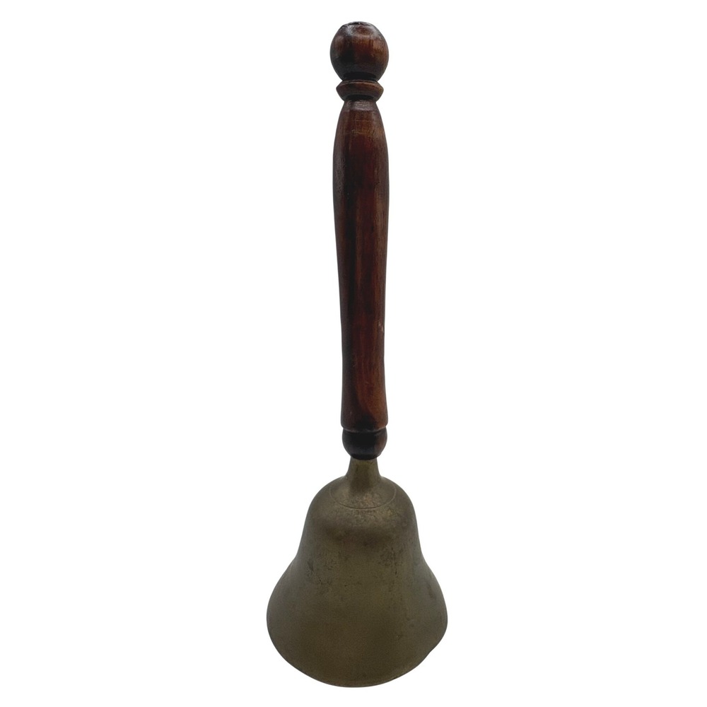 Antique Brass School Bell Wooden Handle 9" Large Vintage Rustic Farmhouse Decor